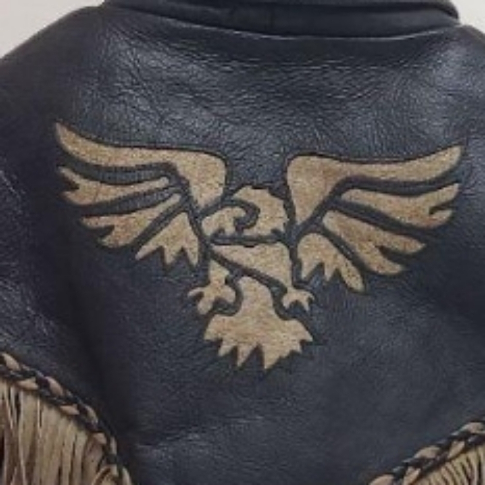 Vintage Leather Club Black & Tan Fringe Leather‎ Jacket, Eagle, XL, 23"PTP, 25"L - Picture 5 of 7
